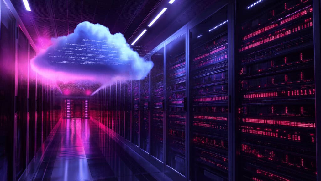 Cloud server and data storage infrastructure in a high-tech data centre.
