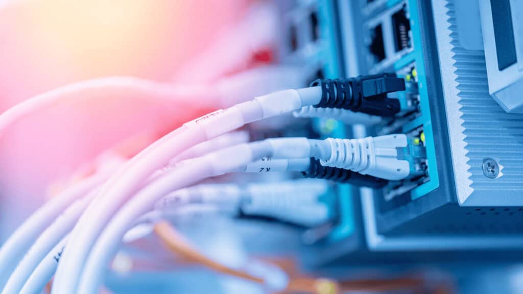 Close-up of network cables connected to a server or network switch.