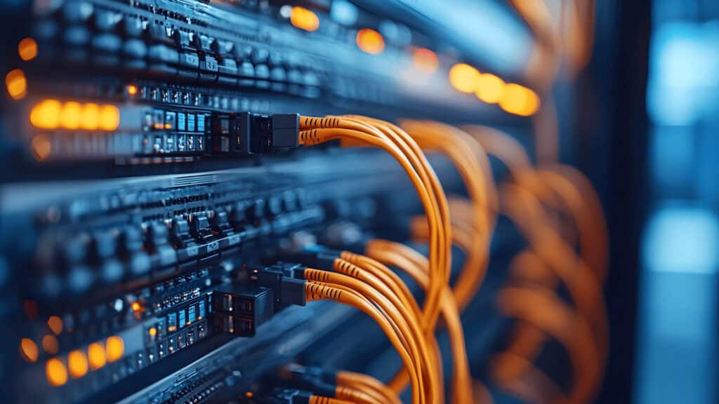 Network switch with orange Ethernet cables in a data centre.