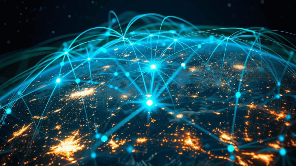Global digital network with interconnected data points and glowing connections.